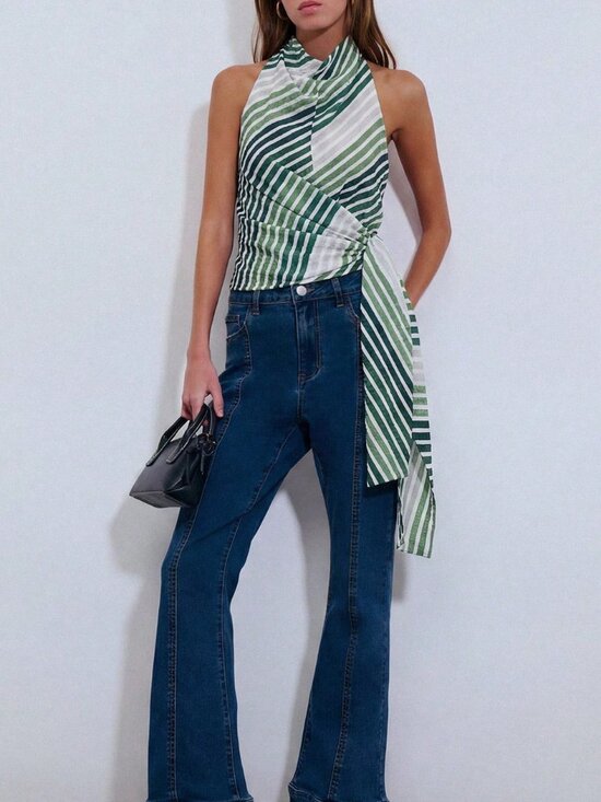 Tops - Green Casual Women's Diagonal Stripe Halter Cowl Neck Tank